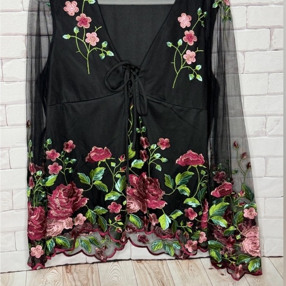 VENUS Black Sheer Blouse with Pink and Green Floral Embroidery - Picture 4 of 13